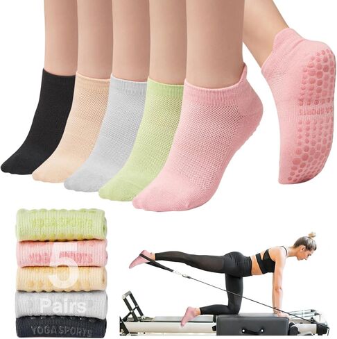 Toes Home Pilates Socks for Women, Ankle Grippy Socks for Yoga, Hospital, Barre Non Slip Workout Sticky Slipper Socks 5 Pairs in Saudi Arabia