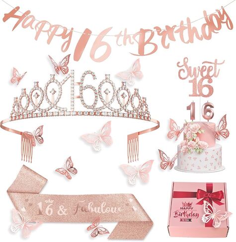 16th Birthday Decorations for Her Sweet Birthday Gifts for Girls Rose Gold 16th Birthday Sash, Tiara, Cake Topper, Number 16 Candles, Happy 16th Birthday Banner, 3D Butterfly 12pcs, Birthday Supplies in Saudi Arabia