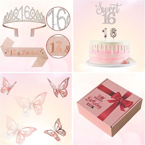 16th Birthday Decorations for Her Sweet Birthday Gifts for Girls Rose Gold 16th Birthday Sash, Tiara, Cake Topper, Number 16 Candles, Happy 16th Birthday Banner, 3D Butterfly 12pcs, Birthday Supplies in Saudi Arabia