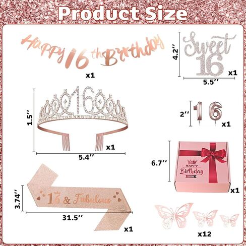 16th Birthday Decorations for Her Sweet Birthday Gifts for Girls Rose Gold 16th Birthday Sash, Tiara, Cake Topper, Number 16 Candles, Happy 16th Birthday Banner, 3D Butterfly 12pcs, Birthday Supplies in Saudi Arabia