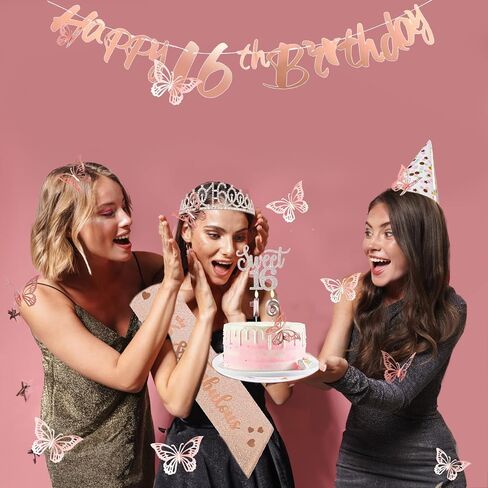 16th Birthday Decorations for Her Sweet Birthday Gifts for Girls Rose Gold 16th Birthday Sash, Tiara, Cake Topper, Number 16 Candles, Happy 16th Birthday Banner, 3D Butterfly 12pcs, Birthday Supplies in Saudi Arabia