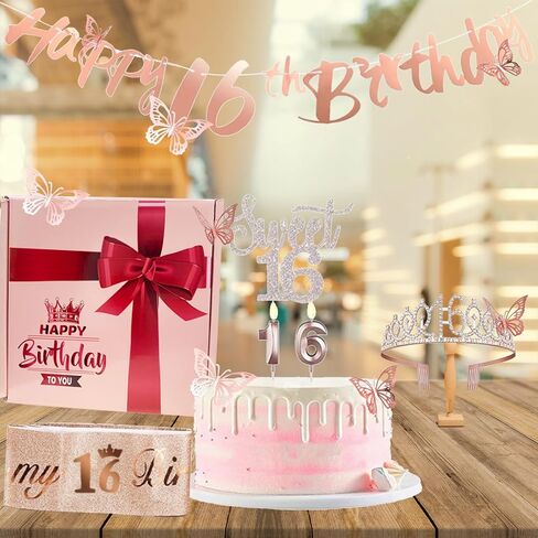 16th Birthday Decorations for Her Sweet Birthday Gifts for Girls Rose Gold 16th Birthday Sash, Tiara, Cake Topper, Number 16 Candles, Happy 16th Birthday Banner, 3D Butterfly 12pcs, Birthday Supplies in Saudi Arabia