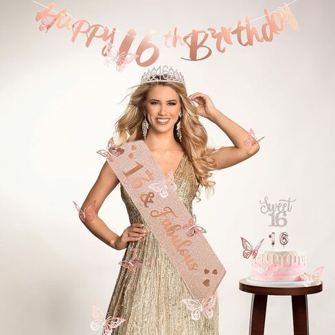 16th Birthday Decorations for Her Sweet Birthday Gifts for Girls Rose Gold 16th Birthday Sash, Tiara, Cake Topper, Number 16 Candles, Happy 16th Birthday Banner, 3D Butterfly 12pcs, Birthday Supplies in Saudi Arabia