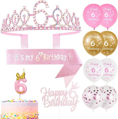 Pink 14pcs 4th Birthday Decorations for Girls, 4th Birthday Gifts for Her, Happy 4th Birthday Cake Toppers, Birthday Queen Sash, Tiara Crown, 4th Birthday Candles & 4th Birthday Balloons Set in Saudi Arabia