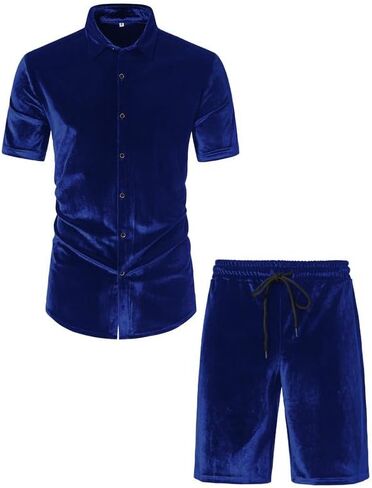 KISSQIQI Mens Tracksuits 2 Piece Velour Short Sleeve Shirt Sets Casual Button Down Velvet 80s 90s tracksuit Outfits in Saudi Arabia