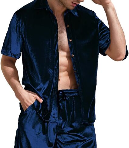 KISSQIQI Mens Tracksuits 2 Piece Velour Short Sleeve Shirt Sets Casual Button Down Velvet 80s 90s tracksuit Outfits in Saudi Arabia