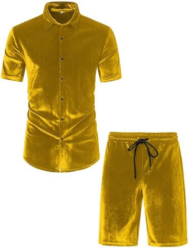 KISSQIQI Mens Tracksuits 2 Piece Velour Short Sleeve Shirt Sets Casual Button Down Velvet 80s 90s tracksuit Outfits in Saudi Arabia