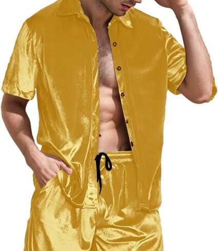 KISSQIQI Mens Tracksuits 2 Piece Velour Short Sleeve Shirt Sets Casual Button Down Velvet 80s 90s tracksuit Outfits in Saudi Arabia