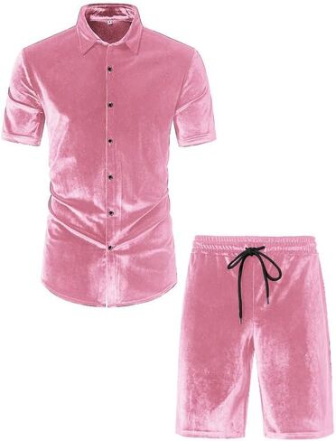 KISSQIQI Mens Tracksuits 2 Piece Velour Short Sleeve Shirt Sets Casual Button Down Velvet 80s 90s tracksuit Outfits in Saudi Arabia