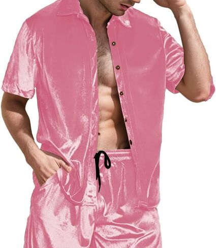 KISSQIQI Mens Tracksuits 2 Piece Velour Short Sleeve Shirt Sets Casual Button Down Velvet 80s 90s tracksuit Outfits in Saudi Arabia