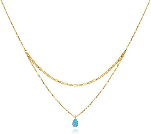 Dainty Gold Necklace for Women,Opal Aque Pendent Necklace,18K Gold Plated Teardrop Necklace,Double Layered Choker Necklace for Girls Stainless Steel Jewelry Gift for Birthday,Chrismas,Anniversary in Saudi Arabia