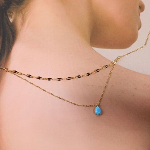 Dainty Gold Necklace for Women,Opal Aque Pendent Necklace,18K Gold Plated Teardrop Necklace,Double Layered Choker Necklace for Girls Stainless Steel Jewelry Gift for Birthday,Chrismas,Anniversary in Saudi Arabia