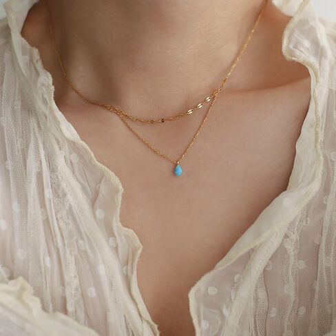 Dainty Gold Necklace for Women,Opal Aque Pendent Necklace,18K Gold Plated Teardrop Necklace,Double Layered Choker Necklace for Girls Stainless Steel Jewelry Gift for Birthday,Chrismas,Anniversary in Saudi Arabia