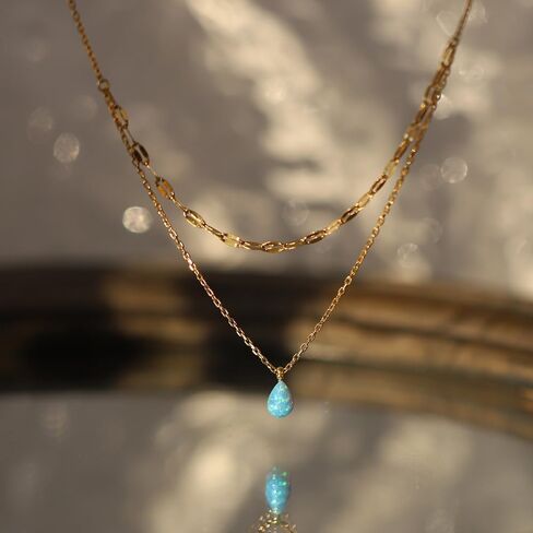 Dainty Gold Necklace for Women,Opal Aque Pendent Necklace,18K Gold Plated Teardrop Necklace,Double Layered Choker Necklace for Girls Stainless Steel Jewelry Gift for Birthday,Chrismas,Anniversary in Saudi Arabia