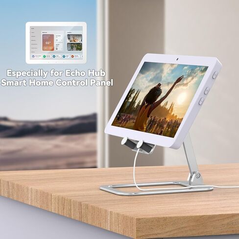 Adjustable Stand for Echo Hub, Aluminum Desktop Echo Hub Stand Holder, Multiple Anti-Slip Pads, Foldable and Portable Stand Compatible with Echo Hub, Phones/Tablets Up to 13 Inches (Silver) in Saudi Arabia