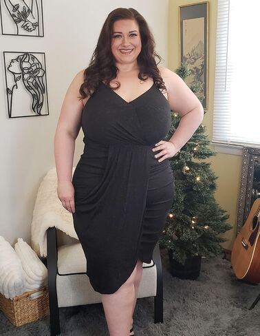 Hanna Nikole Womens Plus Size Sexy Glitter Dress Spaghetti Strap Wrap Ruched Cocktail Party Night Club Midi Dresses in Kuwait