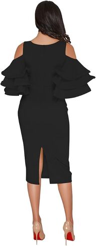 VERWIN Solid Flounced Sleeves Cold Shoulder V Neck Elegant Sexy Party Evening Midi Dress Bodycon Dress in Kuwait