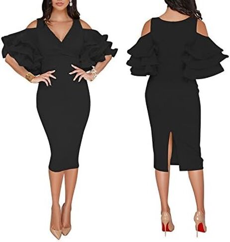 VERWIN Solid Flounced Sleeves Cold Shoulder V Neck Elegant Sexy Party Evening Midi Dress Bodycon Dress in Kuwait