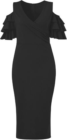 VERWIN Solid Flounced Sleeves Cold Shoulder V Neck Elegant Sexy Party Evening Midi Dress Bodycon Dress in Kuwait