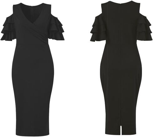 VERWIN Solid Flounced Sleeves Cold Shoulder V Neck Elegant Sexy Party Evening Midi Dress Bodycon Dress in Kuwait