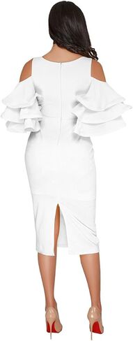 VERWIN Solid Flounced Sleeves Cold Shoulder V Neck Elegant Sexy Party Evening Midi Dress Bodycon Dress in Kuwait