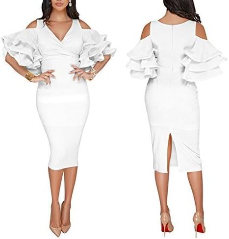 VERWIN Solid Flounced Sleeves Cold Shoulder V Neck Elegant Sexy Party Evening Midi Dress Bodycon Dress in Kuwait