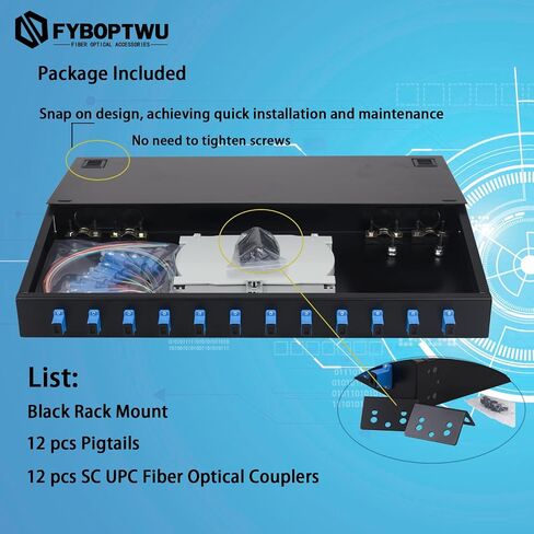 FYBOPTWU-12 Singlemode 12 Port SC-UPC Fiber Optic Rack Mount Enclosure Box & Splice Trays Fiber Cables Kit (Include Pigtail & Couplers), 12 Core LGX Loaded Patch Panel Box fits for 19" Racks Cabinet in Saudi Arabia