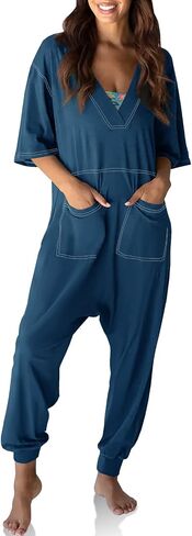 Tongmingyun Womens Casual Short Sleeve Jumpsuits Loose V Neck Jogger Long Pants Rompers with Pockets in Saudi Arabia