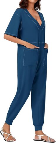 Tongmingyun Womens Casual Short Sleeve Jumpsuits Loose V Neck Jogger Long Pants Rompers with Pockets in Saudi Arabia