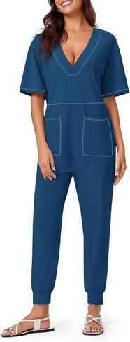 Tongmingyun Womens Casual Short Sleeve Jumpsuits Loose V Neck Jogger Long Pants Rompers with Pockets in Saudi Arabia