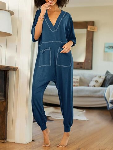 Tongmingyun Womens Casual Short Sleeve Jumpsuits Loose V Neck Jogger Long Pants Rompers with Pockets in Saudi Arabia