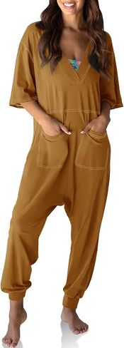 Tongmingyun Womens Casual Short Sleeve Jumpsuits Loose V Neck Jogger Long Pants Rompers with Pockets in Saudi Arabia