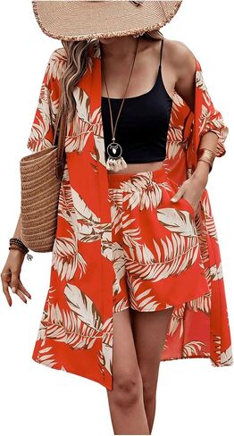 SOLY HUX Women's 2 Piece Outfits Summer Tropical Print Short Sleeve Open Front Kimono and Shorts Set in Saudi Arabia