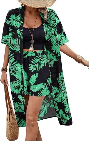SOLY HUX Women's 2 Piece Outfits Summer Tropical Print Short Sleeve Open Front Kimono and Shorts Set in Saudi Arabia