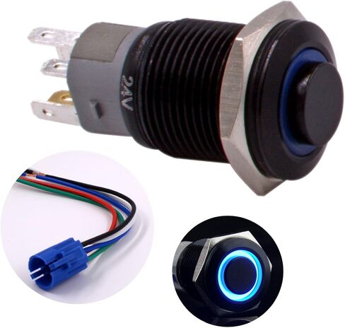 مفتاح زر ضغط لحظي، URTONE UR168، 1NO1NC غلاف معدني أسود مع حلقة LED زرقاء 24 فولت مناسبة لفتحة تركيب 16 مم 5/8 بوصة، تتضمن المقبس in Kuwait