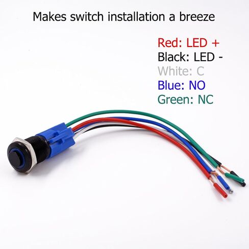 مفتاح زر ضغط لحظي، URTONE UR168، 1NO1NC غلاف معدني أسود مع حلقة LED زرقاء 24 فولت مناسبة لفتحة تركيب 16 مم 5/8 بوصة، تتضمن المقبس in Kuwait