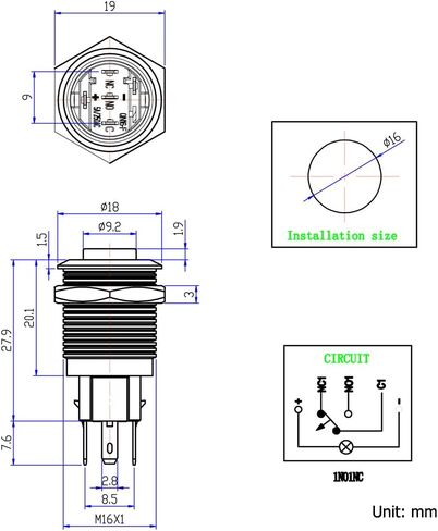مفتاح زر ضغط لحظي، URTONE UR168، 1NO1NC غلاف معدني أسود مع حلقة LED زرقاء 24 فولت مناسبة لفتحة تركيب 16 مم 5/8 بوصة، تتضمن المقبس in Kuwait