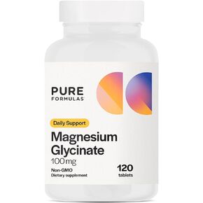 PureFormulas Magnesium Glycinate 100 mg Daily Support for Stress, Nerves, Sleep, Muscles, Metabolism Pure Magnesium Glycinate Supplement for Women and Men Magnesio Glycinate Non-GMO 120 Tablets