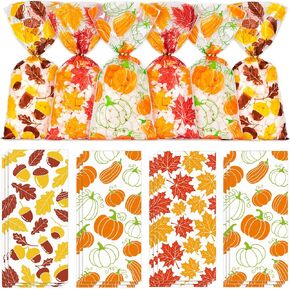 Whaline 150 Pcs Fall Cellophane Bags Maple Leaves Cello Bag 3 Styles Autumn Goodie Treat Bags with Gold Twist Tie Plastic Pumpkin Candy Gift Bag for Thanksgiving Halloween Party Favor Supplies