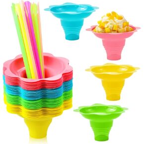 Oomcu 50 PCS Colorful Flower Snow Cone Cups with 50 PCS Cone Spoon Straws,Small Reusable Plastic Shaved Ice Drip Cups Snack Ice Cream Bowls for Holiday Party Birthday (4OZ)