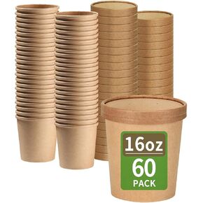 60 Pack 16 oz Paper Soup Containers with Lids, Disposable Ice Cream Pint Containers with Lids, Microwavable Leak Proof for Soup and Ice Cream Storage (60 Cups 60 Lids)
