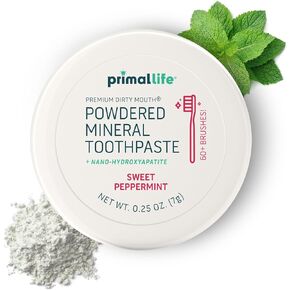 Primal Life Organics - Dirty Mouth Toothpowder, Tooth Cleaning Powder, Flavored Essential Oils With Natural Kaolin & Bentonite Clay, Good for 200+ Brushings, Organic, Vegan (Sweet Peppermint, 0.25 oz)