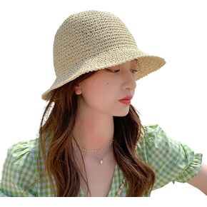 Womens Straw Sun Hat Woven Crochet Bucket Hat Fishing Hat Beach Hat Foldable Cap Solid Color Straw Summer Beach Hat