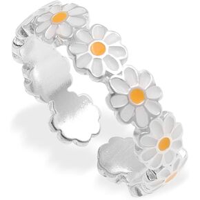Jean Beau Daisy Adjustable Open Stackable Rings for Women Teen Girls, Trendy Cute White Yellow Enamel Sunflower Floral Stacking Band Spring Prom Finger Jewelry Gift.