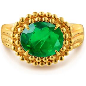 Gold Simulated Emerald/Paraiba Ring for Women Solitaire 8 * 10MM Oval Cut Beaded Halo 14K Gold Plated Minimalist Stack Ribbed Band Finger Jewelry Size 6-8