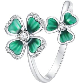 Cute Four Leaf Clover Statement Wrap Finger Ring for Women Girls 925 Sterling Silver Cubic Zirconia Crystal Green Shamrock Stacking Adjustable Open Bands Eternity Promise Wedding Rings Delicate