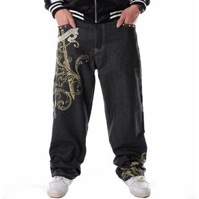 Ruiatoo Mens Jeans Fashion Skateboard Pants Snake Embroidery Baggy Jeans Hip Hop Denim Black Trousers