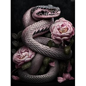 IPISSOI 5D Diamond Painting Animal, Adult Diamond Painting Snake and Pink Flower Set, DIY Full Diamond Unique Animal Art and Crafts, Gem Art Diamond Home Wall Decoration 30x40cm / 12x16in