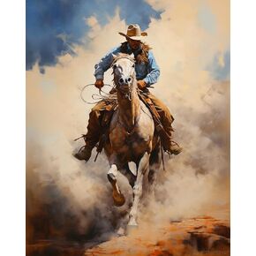 5D Diamond Painting Kits West Cowboy Riding Horse Full Drill Round Beads Diamond Art Gems Stone Cross Stitch DIY Diamond Painting by Number Kits Wall Decoration 16x20inch