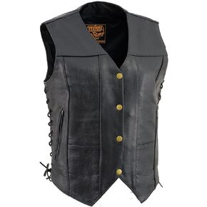 Milwaukee Leather SH1292 Women's Black Leather Side Lace 6 Pocket Motorcycle Rider Vest- Antique Color Snap Closure